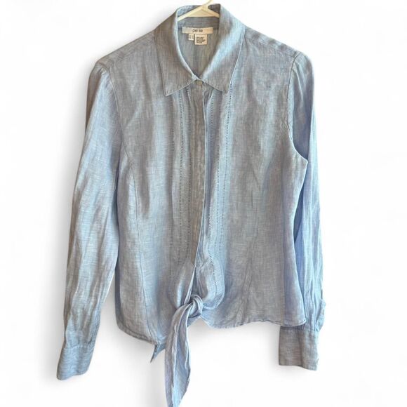 Per Se Button Down Blouse Women's Medium Blue 100% Linen Preppy Country Club - Picture 1 of 8